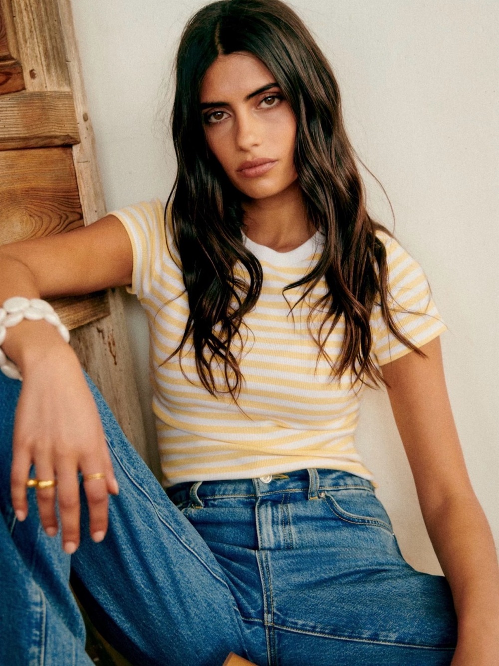 Sezane Camil T-Shirt Striped Yellow & White Size M $50